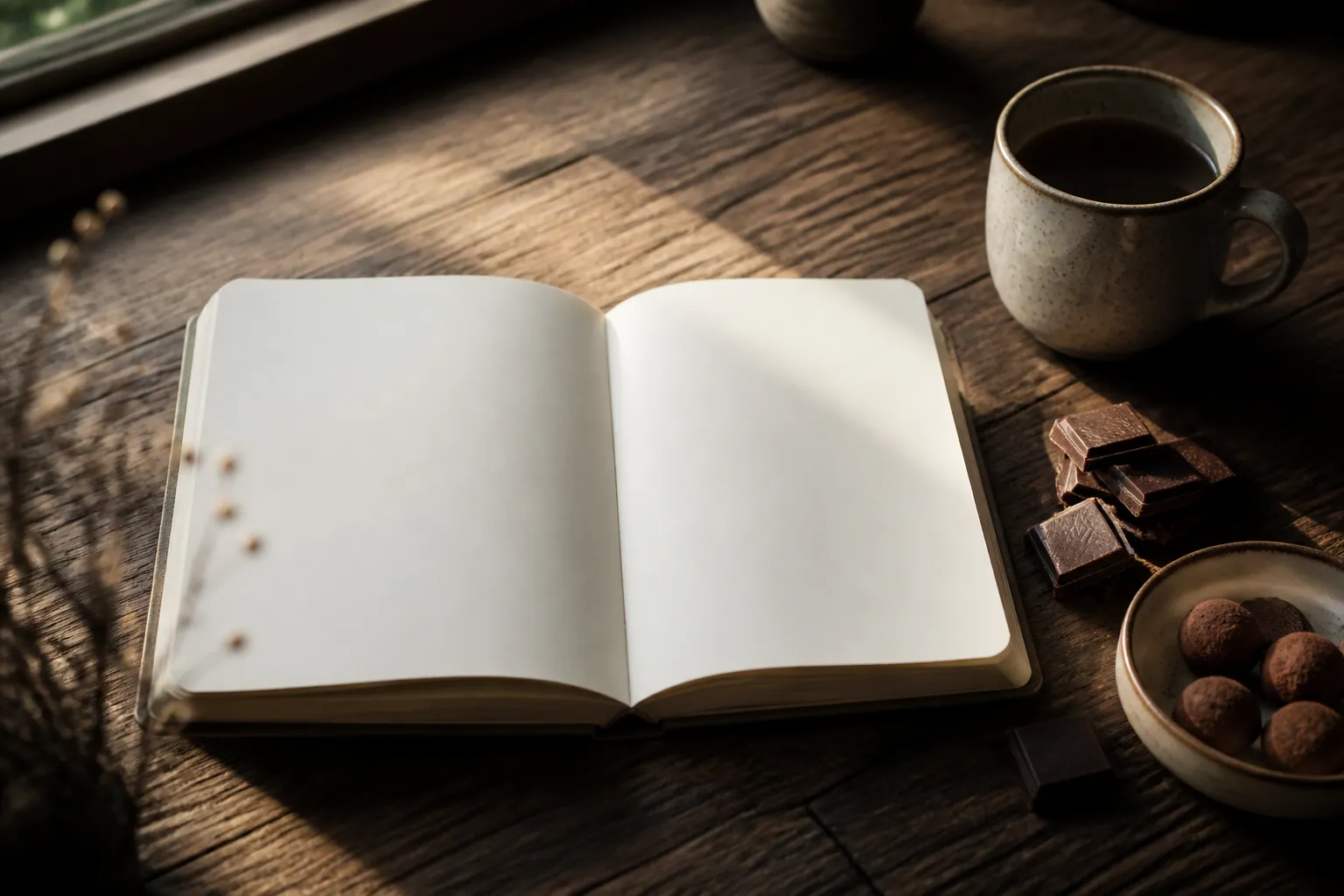 Chocolats et carnet vierge dans une ambiance éditoriale