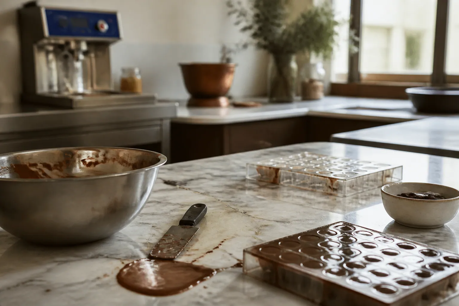 Plan de travail de chocolatier avec ustensiles et chocolat tempéré