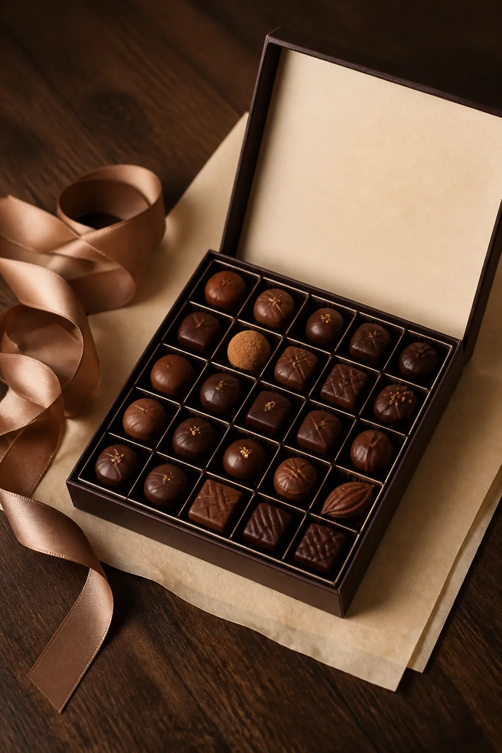 Coffret de chocolats ouvert prêt à être offert
