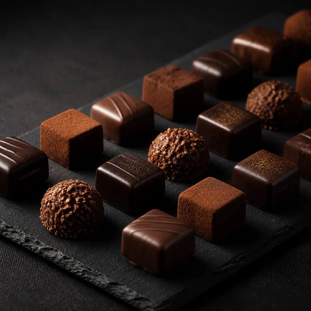 Ganaches au chocolat disposées en lignes régulières