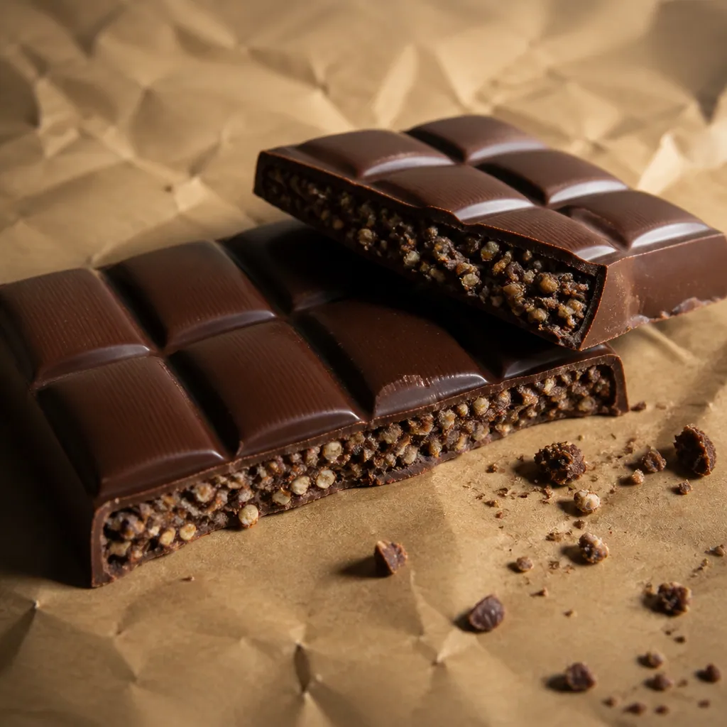 Tablette de chocolat cassée révélant une garniture croustillante