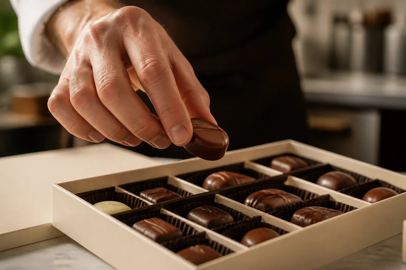Main déposant délicatement un chocolat dans un coffret