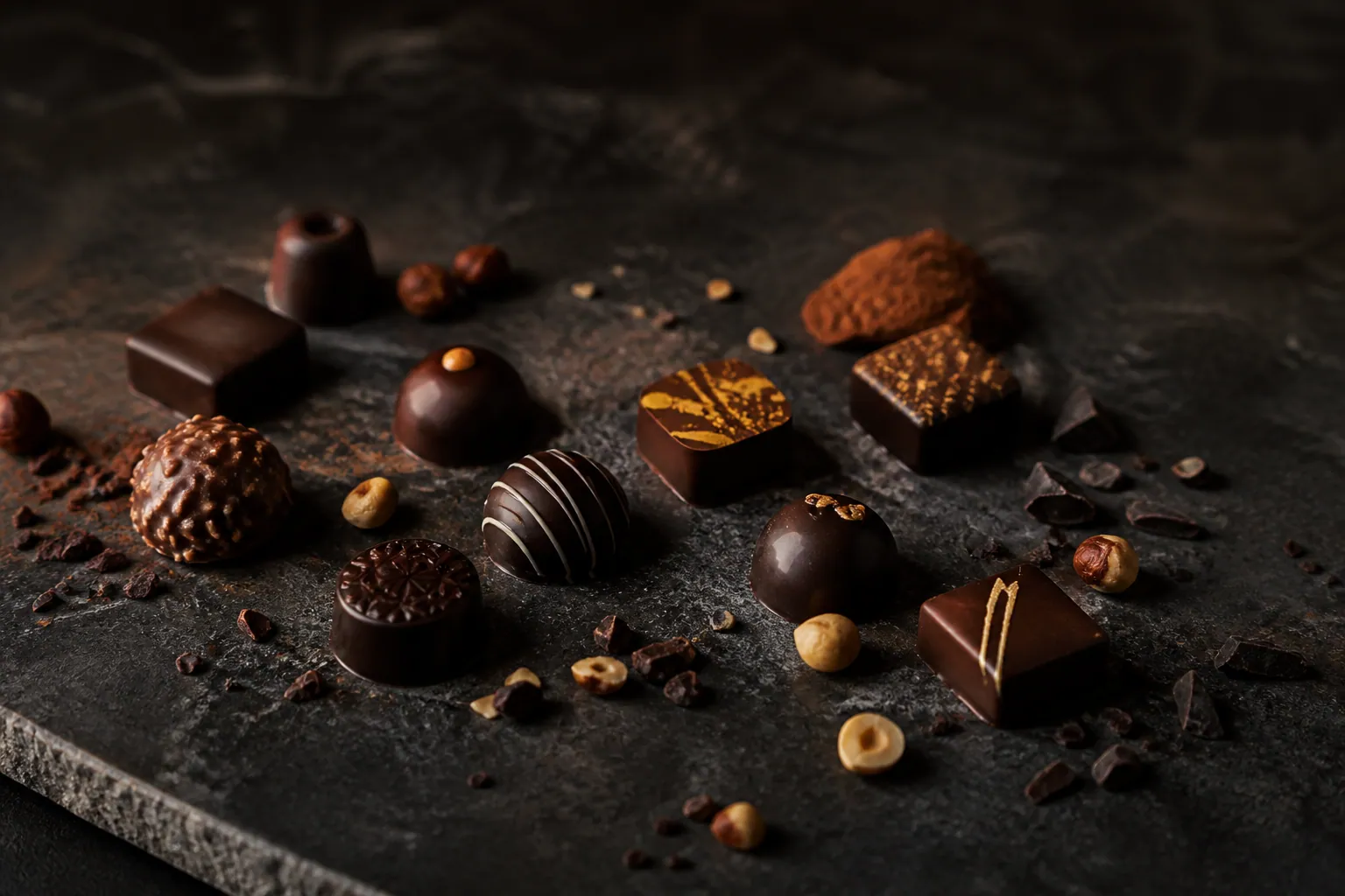 Assortiment de chocolats noirs disposés sur une table en pierre sombre