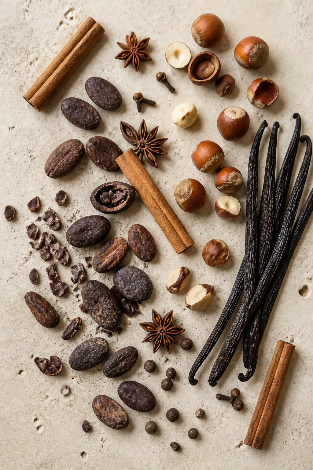 Fèves de cacao, noisettes et épices sur une table claire